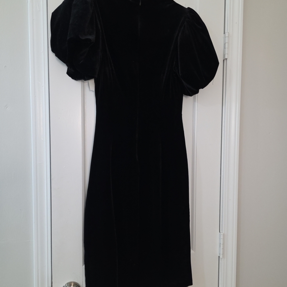 Eliza J Jeweled Neck Black Velvet Puffer Sleeve Dress Size 4 - Picture 9 of 10